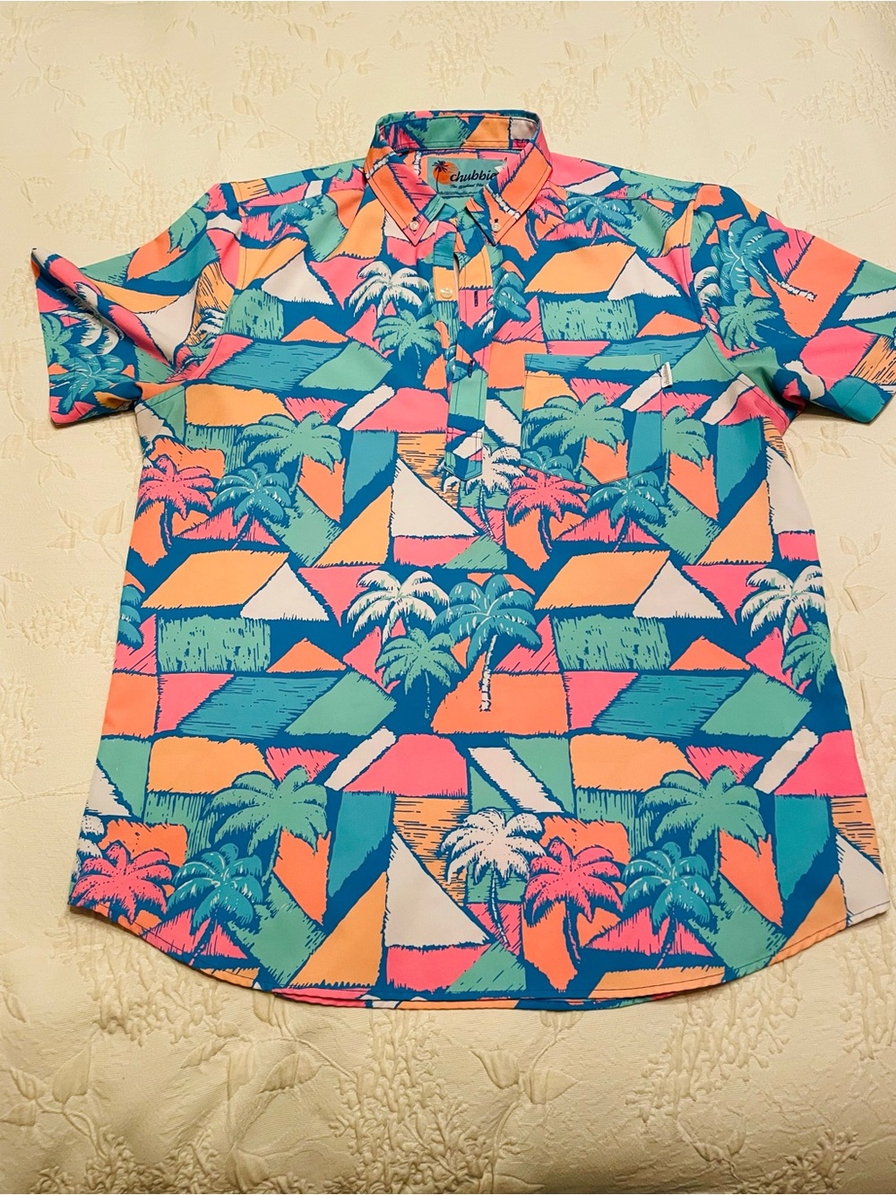 chubbies Vibrant Palm Geometric Button-Up Shirt - Teal, Pink, Orange, White